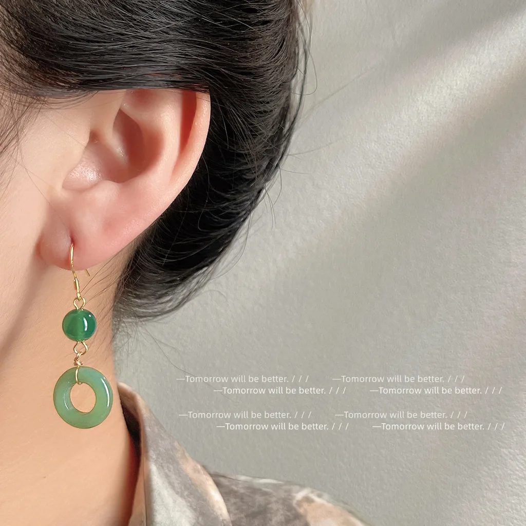 Vintage Fashion Words - Green Real Jade Ring Earrings Lucky
