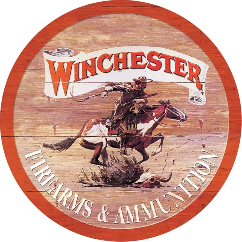 Vintage Fashion Plates - Desperate Enterprises Winchester Round Aluminum Sign